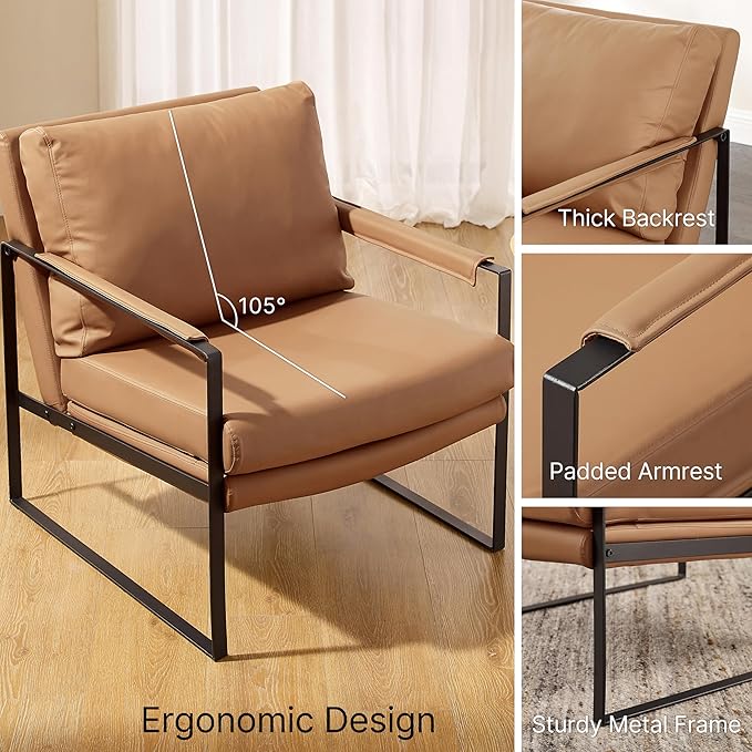 Zouron Genuine Leather Accent Chair, Mid Century Modern Chair with Black Metal Frame, Single Sofa Chair, Upholstered Lounge Reading Armchair for Living Room Bedroom, Khaki
