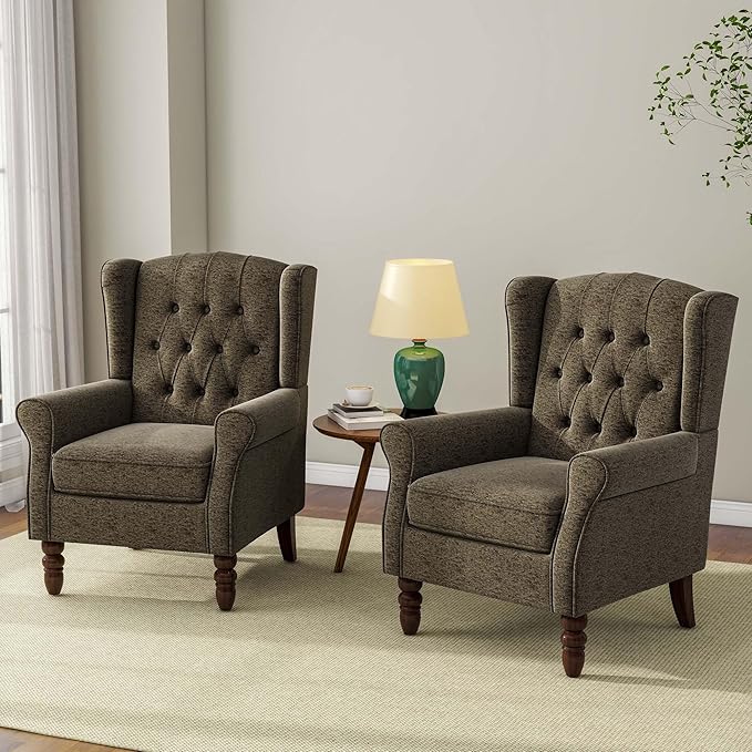 DREAMSIDEA Accent Chair, Upholstered Armchair with Button Tufted High Back & Solid Wood Legs, Comfy Wingback Reading Single Sofa Chair for Small Spaces, Living Room, Bedroom (Taupe, Set of 1)