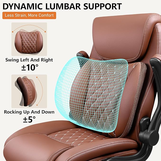 BESTFAIR Office Chair,Ergonomic Office Chair with Lumbar Support for Lower Back Pain Relief, Executive Leather Chair with Padded Flip-up Arms, Wheels and Adjustable Armrests, Brown