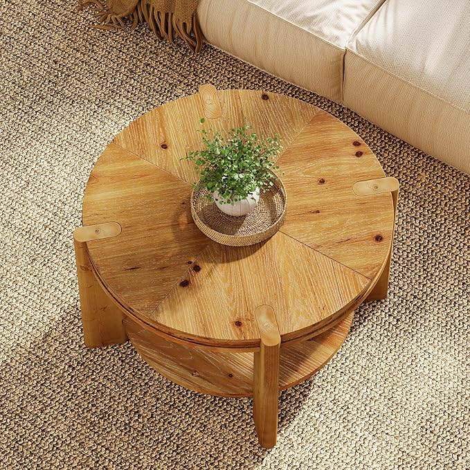 TRIBEWOOD Round Solid Wood Coffee Table, 29.5" Small Farmhouse Circle Accent Center Tables with Storage Shelf for Living Room, 2 Tiers Open-Style Storage Cocktail Tea Furniture, Rustic Brown