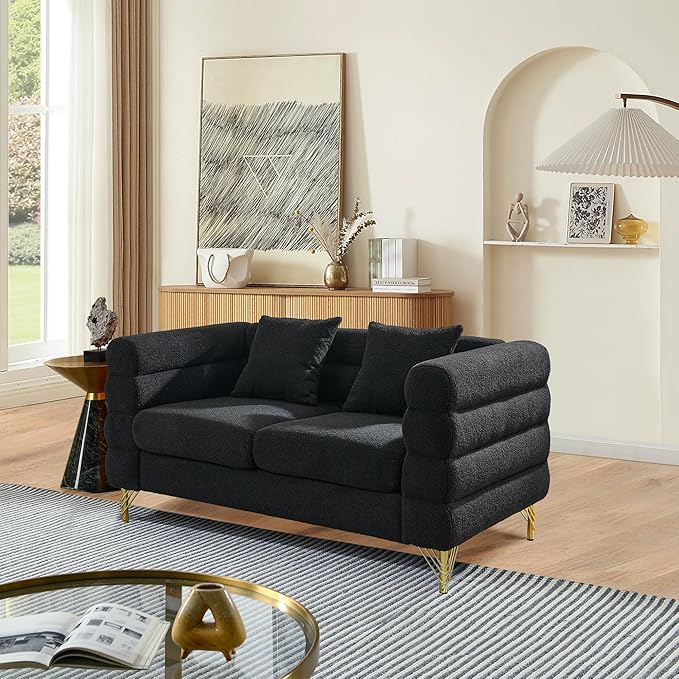 mikibama Modern Teddy Loveseat Sofa, 60 Inch Sectional Sofa Couch, Luxury 2 Seater Deep Couch with 2 Pillows and Gold Metal Legs for Living Room, Bedroom, Apartment (Black)