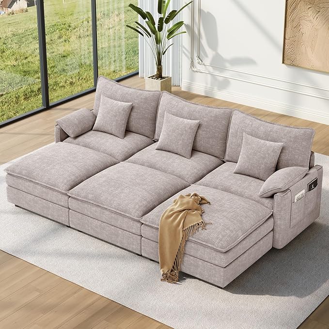 Vesgantti 108" Sectional Sleeper Sofa, 6-Seater Modular Cloud Couch with Flexible Ottomans, Chenille Large Sofa Bed Convertible Deep Seat Couches for Living Room, Bedroom and Apartment, Light Brown
