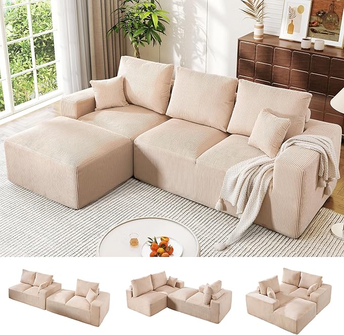 WESTSETLUX 108” Cloud Sectional Sofa Couch with High-Seat, Corduroy Modular Sofa with Oversized Chaise, High-Back Modern L-Shaped Couches for Living Room, No Assembly Required (Oatmeal)