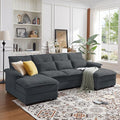 Jarenie 110“ Convertible Sectional Sofa, U Shape Cloud Couch, Comfy Couches with Double Chaise and Sleepable Armrests, 4 Seats Sectional Couches for Living Room, Dark Grey