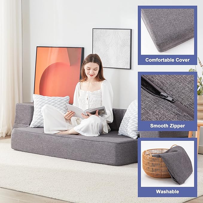 Lazyzizi Floor Sofa Bed, Convertible Sleeper Lounge Couch Folding Mattress with 2 Pillows & Washable Cover for Living Room, Guest, Playroom 10inches Twin
