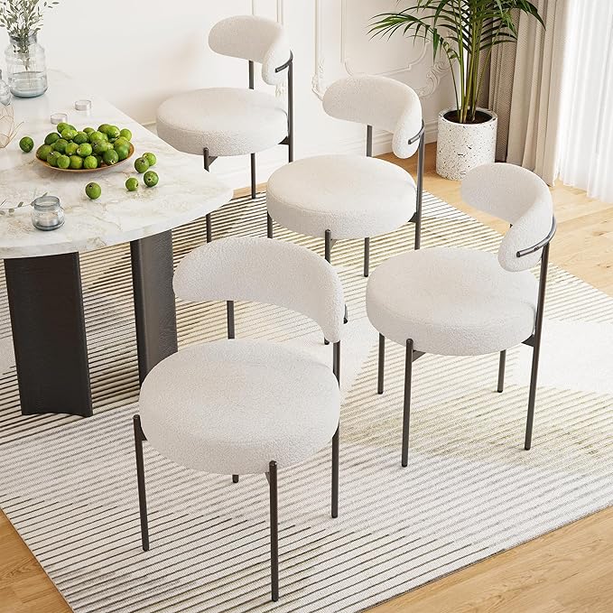 Farini Dining Chairs Set of 4,Mid-Century Modern Kitchen Chair Curved Backrest Round Upholstered Sherpa Dining Chairs with Metal Legs,Beige