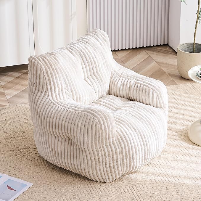GDFStudio 37" Bean Bag Chair Oversize Bean Bag Lazy Floor Sofa with Back Support Comfy Corduroy Memory Foam Chair with Armrest for Living Room Bedroom, Beige