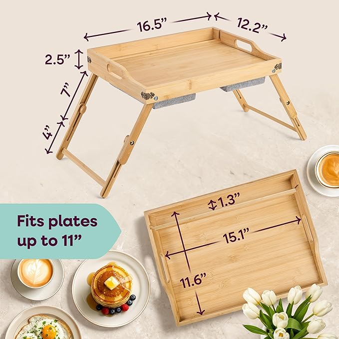 Breakfast in Bed Tray Lap Desk | Ergonomic Bamboo Bed Table Tray for Work, Rest | Comfortable Bed Desk w/Foldable Legs, Phone Holder, Cushions, Anti-Spill Edges | Adjustable Laptop Table/Lap Tray
