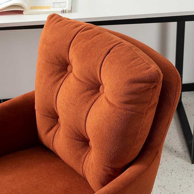 BALIAA Flannel Office Chair, Comfy Home Office Desk Chairs with Lumbar Support, Modern Velvet Desk Chair Gold Legs Small Swivel Task Chair for Home Office, Bedroom, Study (Orange, L)