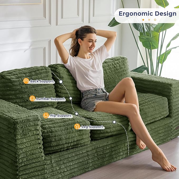 MAXYOYO 3-Seater Boneless Sofa Couch, Modern Faux Fur Sofa for Living Room, Soft Bean Bag Chair High-Density Foam Couch with Pillows, No Assembly Required