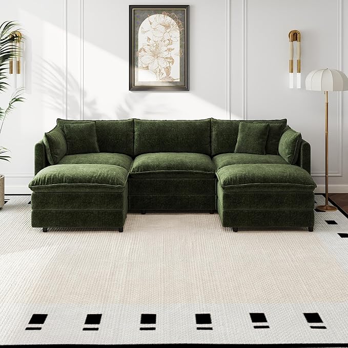 Aoowow Modular Sectional Sofa Modern Convertible U Shaped Couch,112.2 Inch Deep 3-Seater Sofas Set Comfy Chenille Cloud Sofas and Couches with Movable Ottoman for Living Room Apartment（Green）