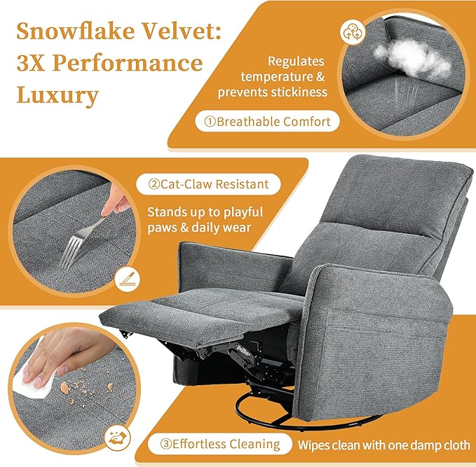 QKFF Power Swivel Rocker Recliner Chair for Nursery, Upholstered Snowflake Velvet 270°Swivel Glider Rocker Chair with USB Ports, Small Power Recliners for Small Spaces Living Room