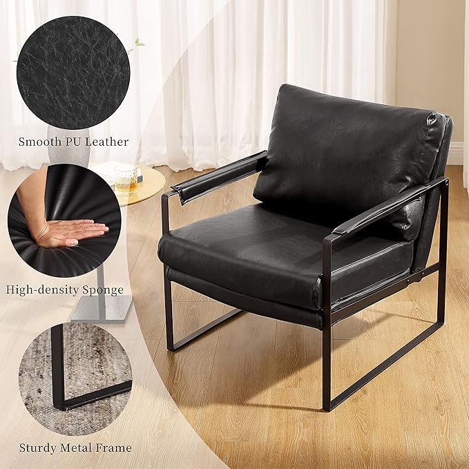 Volans Mid Century Modern Accent Chair with Arms for Living Room, Faux Leather Accent Chairs for Lounge, Metal Frame Armchair Reading Chair Single Sofa for Bedroom Office, Black