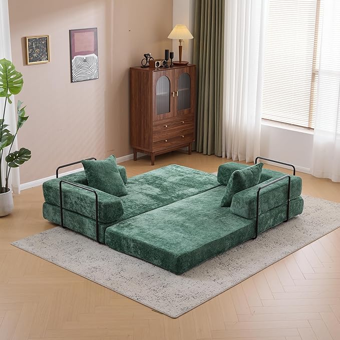 77" Convertible Foldable Floor Couch, 3-Seat Futon Sleeper Sofa for Living Room, Bedroom, or Apartment, with Pillow Backrest and Armrests, Chenille Fabric, No Assembly Required, Dark Green