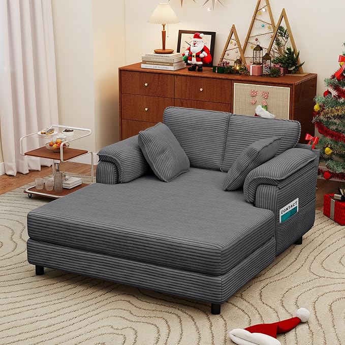 Winlice 58'' Chaise Lounge Chair Indoor, Oversized Corduroy Wooden and Iron Frame Sofa Bed, Comfy Upholstered Lounge Sleeper Couch with 4 Storage Pockets for Living Room, Sunroom, Study, Dark Gray