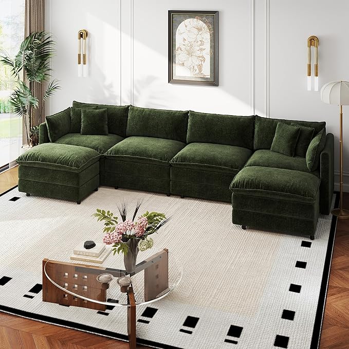 Aoowow Modular Sectional Sofa Modern Convertible U Shaped Couch,147.2 Inch Deep 4-Seater Sofas Set Comfy Chenille Cloud Sofas and Couches with Movable Ottoman for Living Room Apartment（Green）