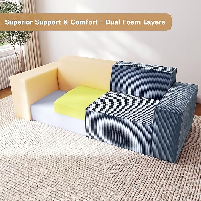 Swbvs Sofa-in-a-Box, Memory Foam 3-Seater Couch, No Installation & Easy to Transport, Deep Seat Modern Sofa with Corduroy Fabric, Couch for Living Room, Bedroom, Apartment, Home Office,Grey
