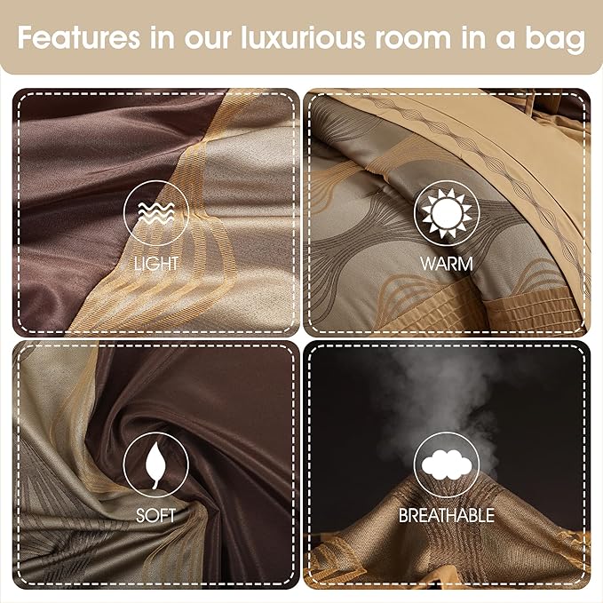 Grand Avenue Elegant Brown Comforter Set Queen Size, Striped,15 Piece Room-in-A-Bag, Jacquard Bedding Set, All Season, Matching Decorative Pillows, Pillow Sham, Curtains