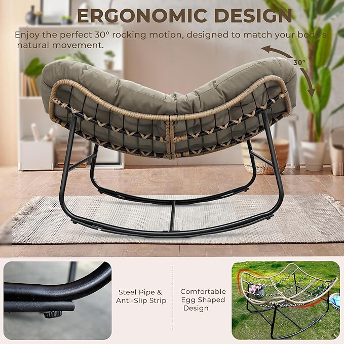 Sgentle Papasan Rocking Chair for Outdoor & Indoor, Oversized Patio Rocking Chair with Cushions & Steel Frame, Wicker Egg Lounge Chair, Comfy Reading Chair for Patio, Deck, Porch (Khaki, Style 2)