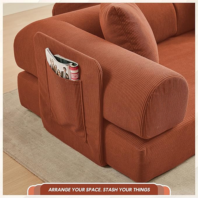 L Shaped Convertible Modular Sofa Bed with Cylindrical Pillow & Reversible Chaise, Corduroy Folding Floor Sofa Couch Bed with Fixed-Shape Frame & Storage Pocket for Living Room, Orange