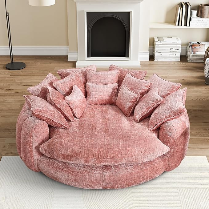 81" Oversized Bean Bag Chair Boneless Round Chaise Lounge Comfy Chenille Reading Chair Fluffy Plush Sofa Bed Large Deep Seat Circle Cloud Couch for Living Room, Bedroom, Apartment, Pink