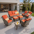 ovios 9 Pieces Patio Furniture Set, Outdoor Wicker Sofa Couch with Swivel Chairs Ottomans Comfy Cushions, High Back Modern All Weather Conversation Sets, Brown Rattan, Orange Red