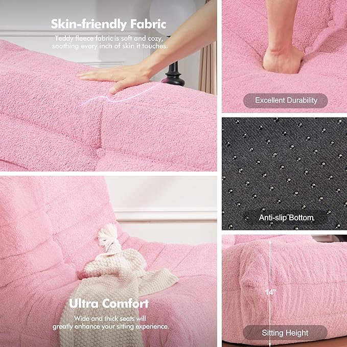 Bean Bag Chair Big Sofa Beanbag Chair for Adults Fireside Chair Bean Bag Lounger with Memory Foam Filled for Home,Apartment or Gaming Venue(Pink Teddy)