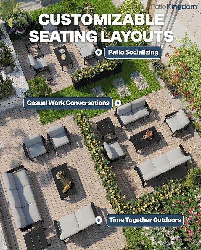 Patio Kingdom HDPE 7 Piece Patio Furniture Set, HDPE Outdoor Sectional with with Gray Thick Cushions, Coffee Table and Side Table, Patio Conversation Sets for Lawn, Garden, Porch (Black Frame)