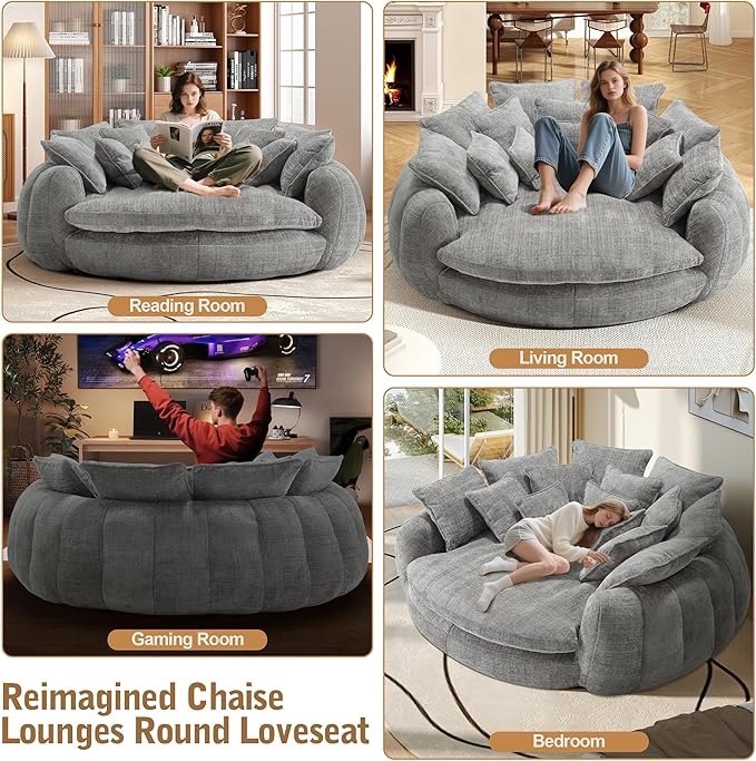82'' Oversized Upholstered Sofa Bed, Round Chaise Lounge Chair Indoor, Modern Chenille Boneless Couch, No Assembly Required, Plush Sleeper Chair with 14 Pillows for Living Room, Light Grey