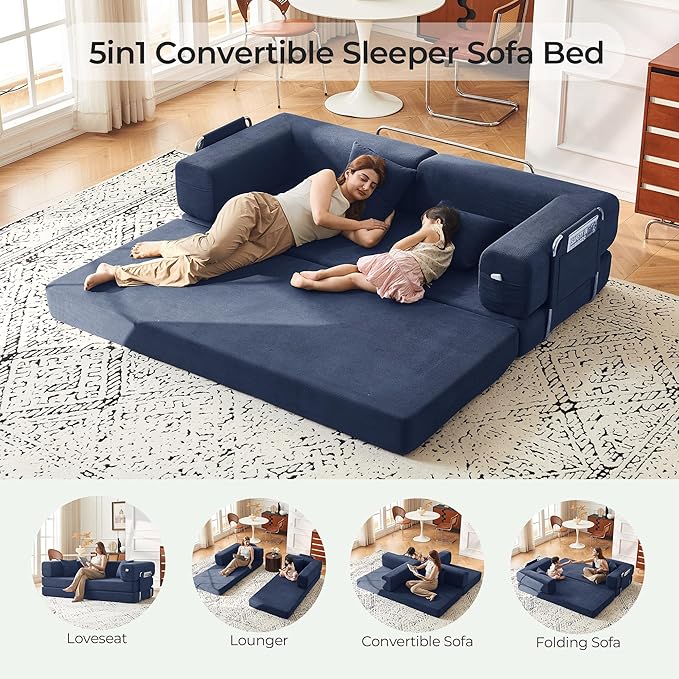 79" Convertible Sofa Bed with Pillows, Corduroy Folding Sleeper Sofa with Fixed-Shape Frame, Boneless Couch for Living Room Bedroom, Floor Sofa Lounge No Assembly Required (A - Style - Blue)