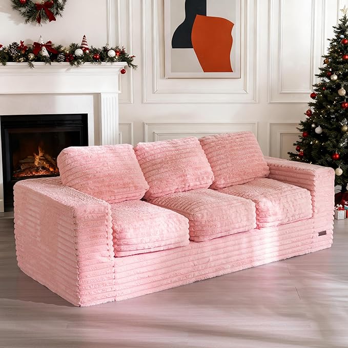MAXYOYO 3-Seater Boneless Sofa Couch in a Box, Modern Faux Fur Sofa for Living Room, Soft High-Density Foam Couch with Pillows, Fluffy & Supportive Chair Lounge, No Assembly Required, Pink
