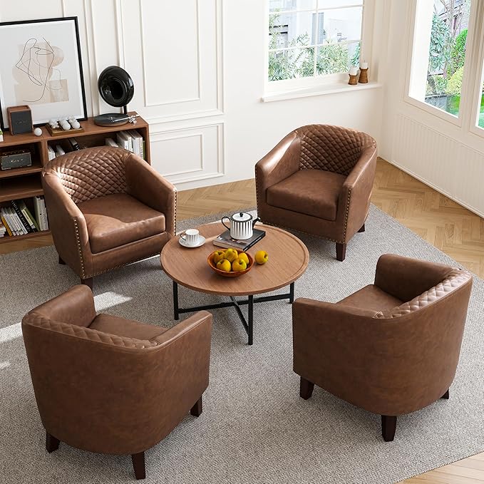 DREAMSIDEA Accent Barrel Chair, Upholstered Faux Leather Club Chair with Nailed Trim, Comfy Reading Armchair for Living Room Bedroom Reception Room Office (Brown, Set of 4)