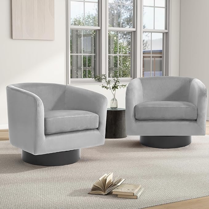 Swivel Barrel Chair, Modern Round PU Leather Accent Armchair for Living Room, Bedroom, Oversized Comfy Club Reading Chairs for Adults (Velvet Grey, Set of 2)