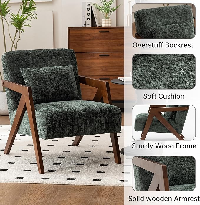 Mid Century Modern Accent Chair with Solid Wood Frame，Upholstered Chenille Living Room Arm Chairs with Pillow for Bedroom, Living Room, Reading Room, Balcony (2, Dark Green)