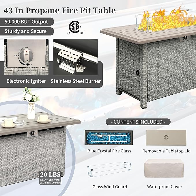 WAROOM Patio Furniture Set 4 Piece Wicker Conversation Sets PE Rattan Chair Outdoor Couch Sectional Sofa with Fire Pit Table, Grey Cushion