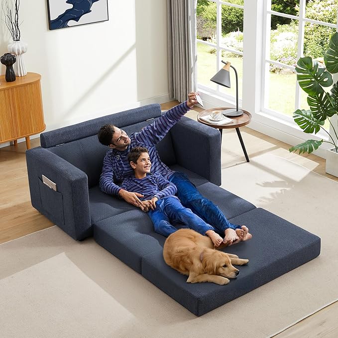 Chorlenimi Convertible Sofa Bed Comfy Linen Sleeper Sofa with Storage Pockets,USB Charging Port,Futon Floor Couch for Living Room,Bedroom,Apartment (Blue, 48 Inches)