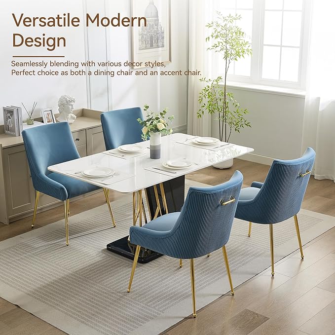 WUTUTUEE Velvet Dining Chairs Set of 6 Gold Legs,Upholstered Velvet Accent Chairs, Pleated Back Design & Gold Pull Handle, Mid Century Modern Chairs for Dining/Kitchen/Living Room,Light Blue