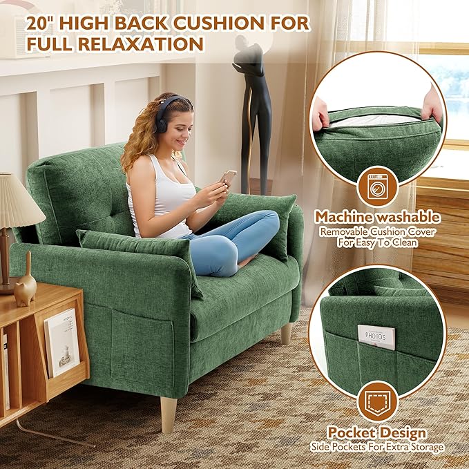 47" Small Sofa Couch for Bedroom, Soft Chenille loveseat Mini Couch with Throw Pillow and Removable Cushion Cover for Small Spaces, Living Room, Apartment, Dorm, Office(Green)
