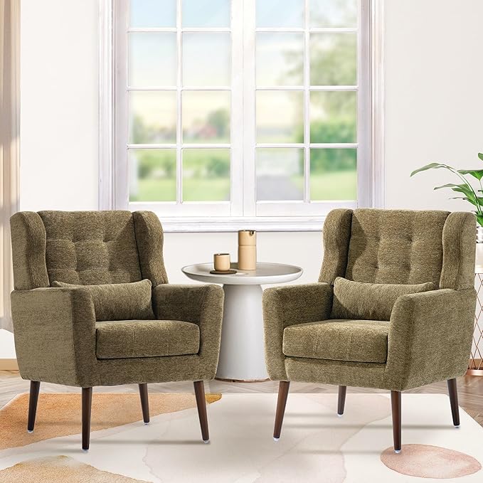 QKFF Modern Accent Chair, Upholstered Armchair with Pillow, Fabric Single Sofa Chair with Lounge Seat and Wood Legs Accent Chair for Living Room Bedroom Small Spaces (Avocado, Set of 2)
