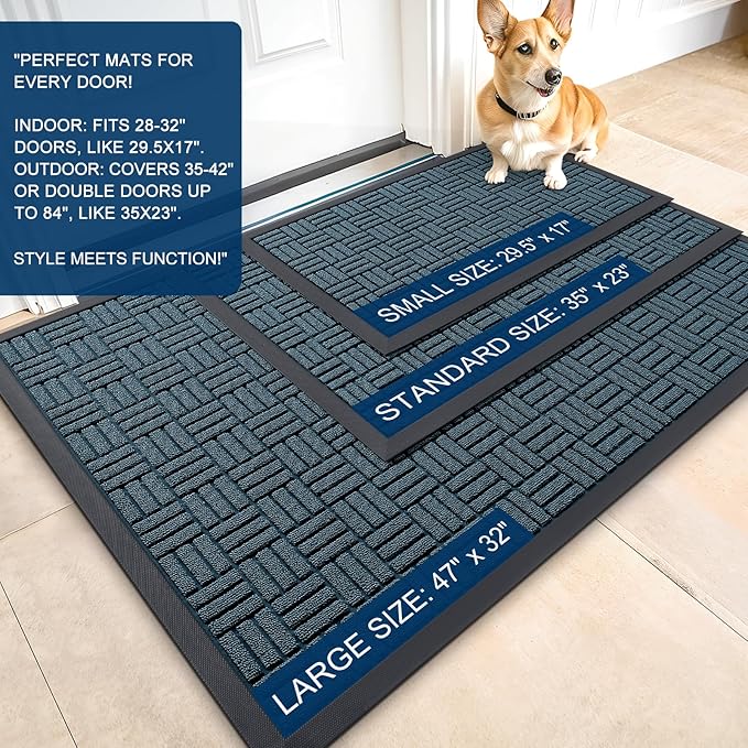 OLANLY Front Door Mat Outside Entrance 47x23, Absorbent, Heavy Duty Sturdy Natural Rubber Doormat Indoor Outdoor, Non-Slip, Stain and Fade Resistant, Low Profile Floor Mat for Entryway, Lake Blue