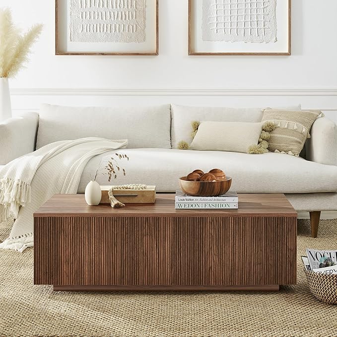 Henn&Hart 48" Fluted Rectangular Low-Profile Coffee Table for Living Room, Family Room, or Office, Satin Walnut