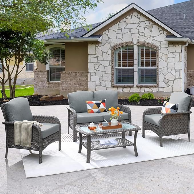 ovios 4 Pieces Patio Furniture Set, Outdoor Wicker Sofa with Coffee Table, Chairs, All Weather High Back Rattan Loveseat Couch with Comfy Cushions, Dark Grey