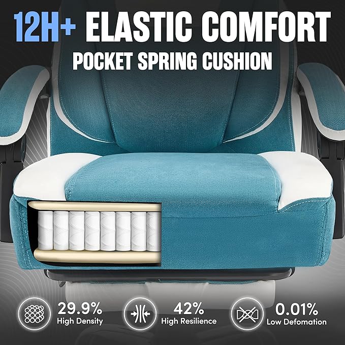 Massage Office Chair with Footrest,6-Point Vibration and Heat Executive Office Chairs,Ergonomic Desk Chair for Heavy People,500LBS Big and Tall Fabric Office Chair,Reclining Managerial Chair,Bluewhite