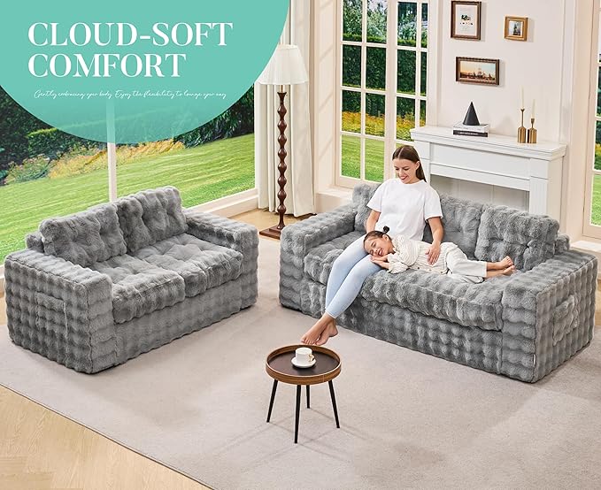 Hobestluk Sofa Couch Loveseat Sofa with Bubble Fabric 2-Seater Sofa for Small Spaces Comfortable Foam Floor Sofa 2 in 1 Boneless Couch for Living Room Bedroom Apartment or Office (Grey, Loveseat)