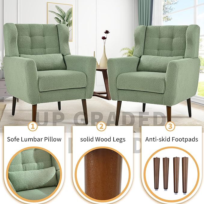 QKFF Modern Accent Chair, Upholstered Armchair with Pillow, Teddy Single Sofa Chair with Lounge Seat and Wood Legs Accent Chair for Living Room Bedroom Small Spaces
