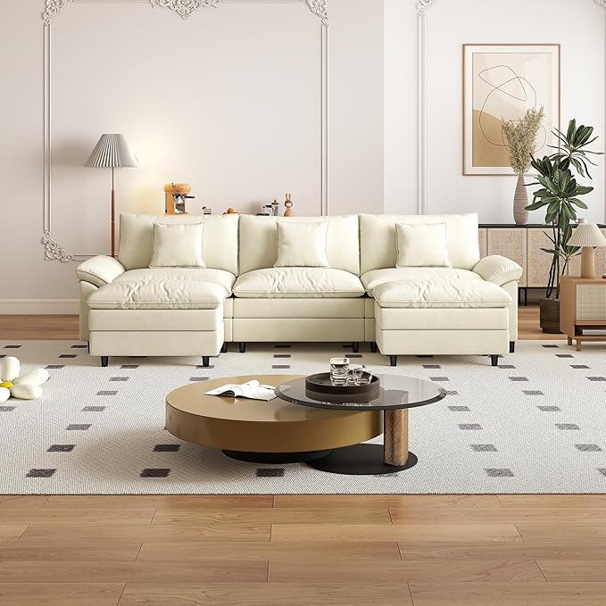 Aoowow Modular Sectional Sofa Modern Convertible U Shaped Couch,118.9 Inch Deep 3-Seater Sofas Set Comfy Chenille Cloud Sofas and Couches with Movable Ottoman for Living Room Apartment(Beige)