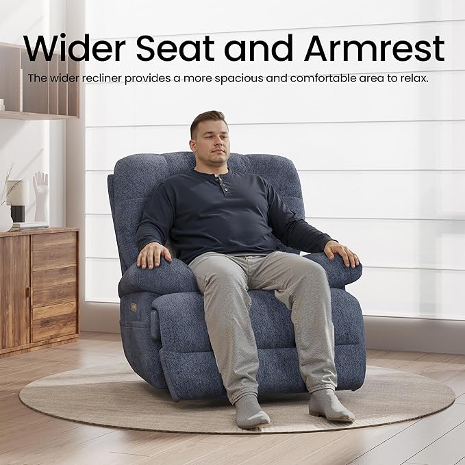 COLAMY Floren Power Swivel Recliner Chair with USB & Type-c Charge, Oversized and Padded Upholstered Deep Seat and Armrest, Rocking Recliner with Double Storage Pockets, Blue