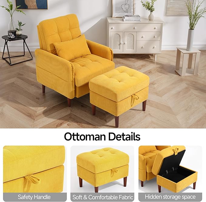 Lumibee Accent Chair with Storage Ottoman, Upholstered Comfy Reading Chair with Adjustable Reclining Backrest, Corduroy Fabric Lounge Chair Armchair for Living Room Bedroom, Set of 2, Orange