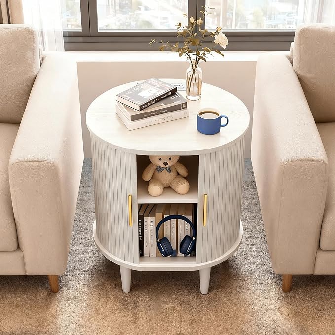 DHH Mid Century Modern Nightstand Set of 2 with Charging Station, Fluted Accent Side Table with Sliding Door & Adjustable Shelf, End Table for Small Space, Living Room, Bedroom,Sofa Couch, White