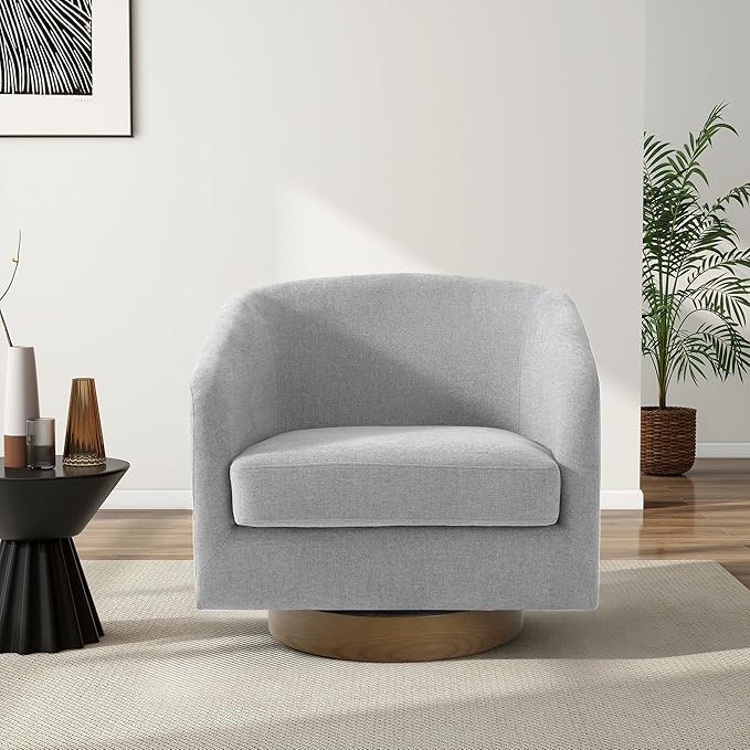 Swivel Barrel Chair, Modern Round PU Leather Accent Armchair for Living Room, Bedroom, Oversized Comfy Club Reading Chairs for Adults (Chenille Light Grey, Set of 2)